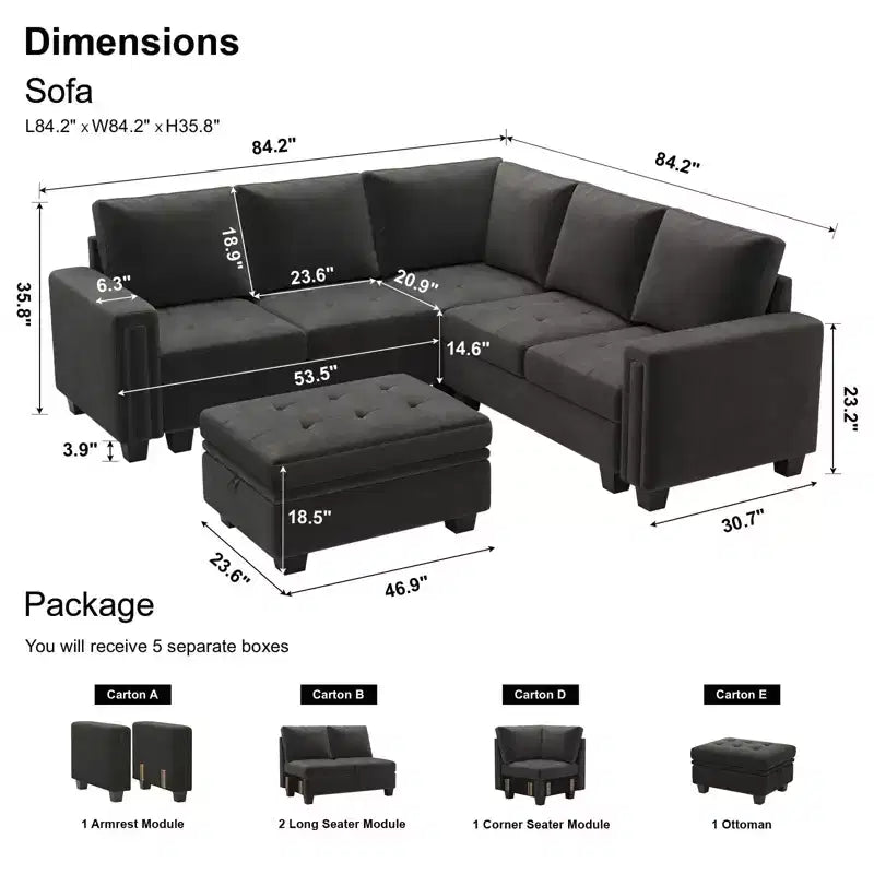 Canapé d'angle modulaire en velours capitonné — Noir / Bleu / Gris / Vert, 4 places