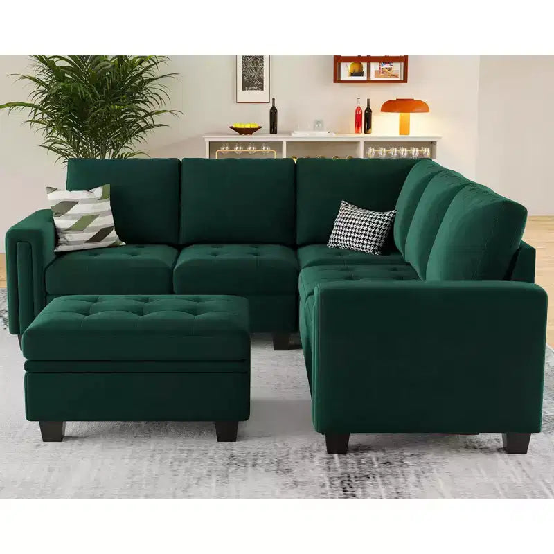 Canapé d'angle modulaire en velours capitonné — Noir / Bleu / Gris / Vert, 4 places