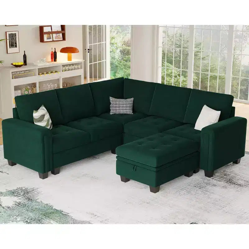 Canapé d'angle modulaire en velours capitonné — Noir / Bleu / Gris / Vert, 4 places