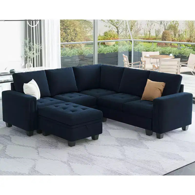 Canapé d'angle modulaire en velours capitonné — Noir / Bleu / Gris / Vert, 4 places