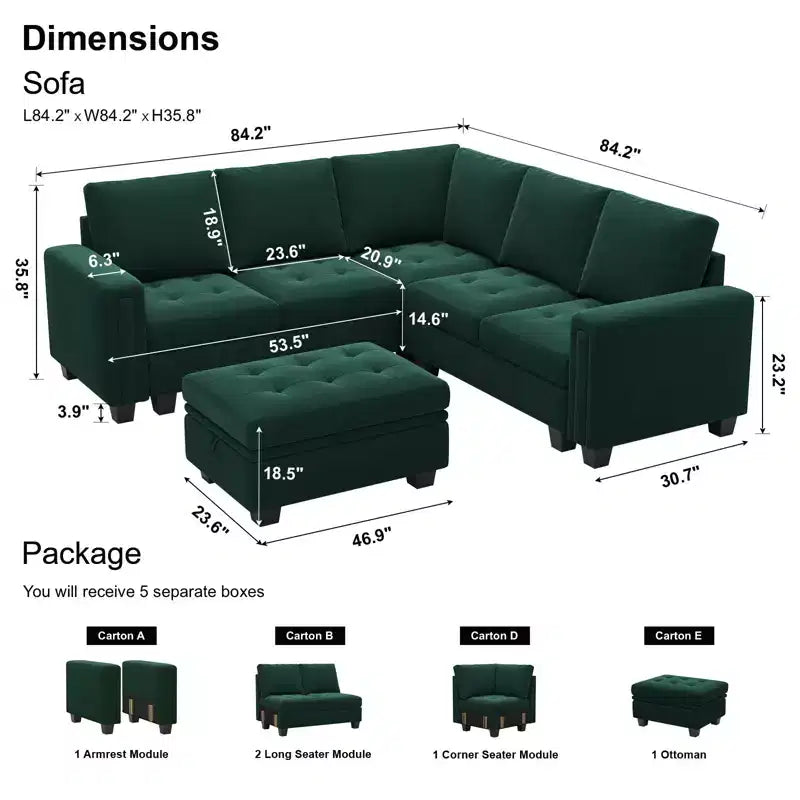 Canapé d'angle modulaire en velours capitonné — Noir / Bleu / Gris / Vert, 4 places