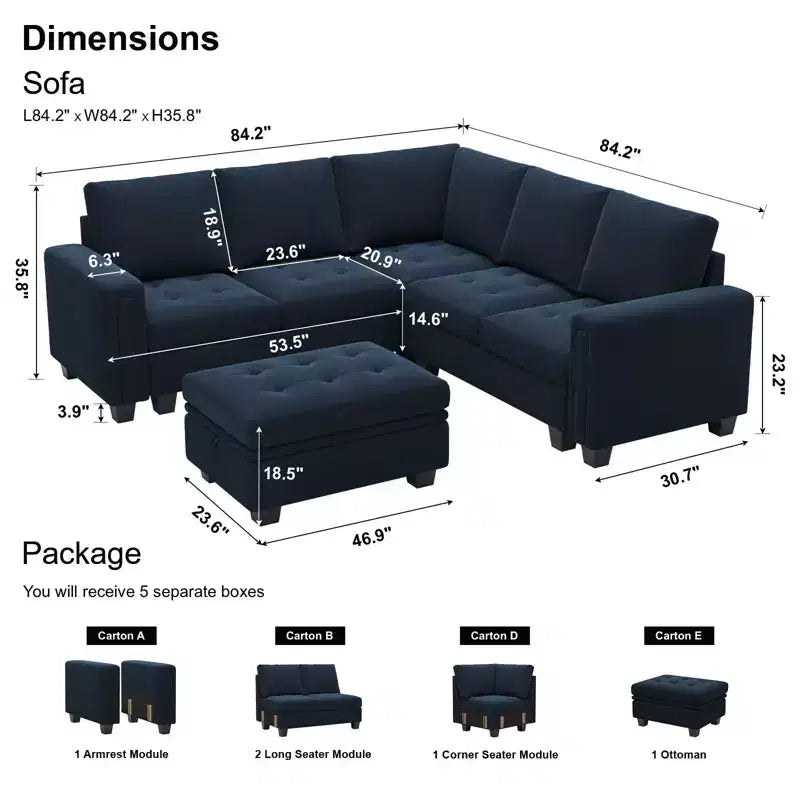 Canapé d'angle modulaire en velours capitonné — Noir / Bleu / Gris / Vert, 4 places