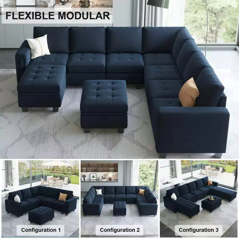 Canapé d'angle modulaire en velours capitonné — Noir / Bleu / Gris / Vert, 4 places