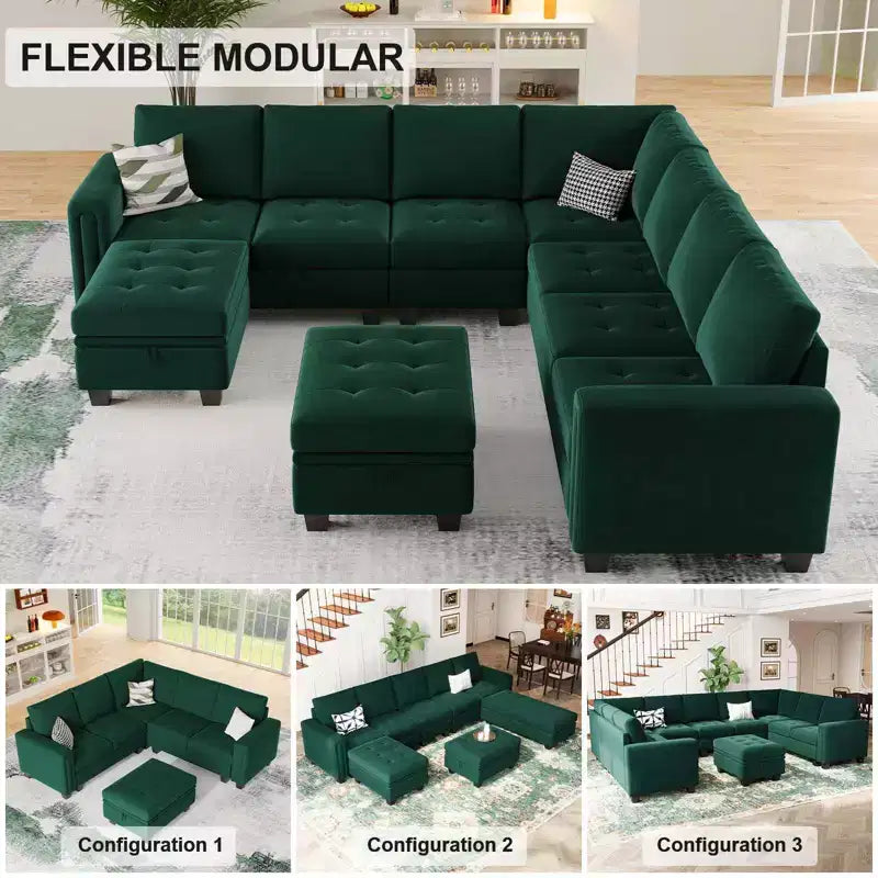 Canapé d'angle modulaire en velours capitonné — Noir / Bleu / Gris / Vert, 4 places