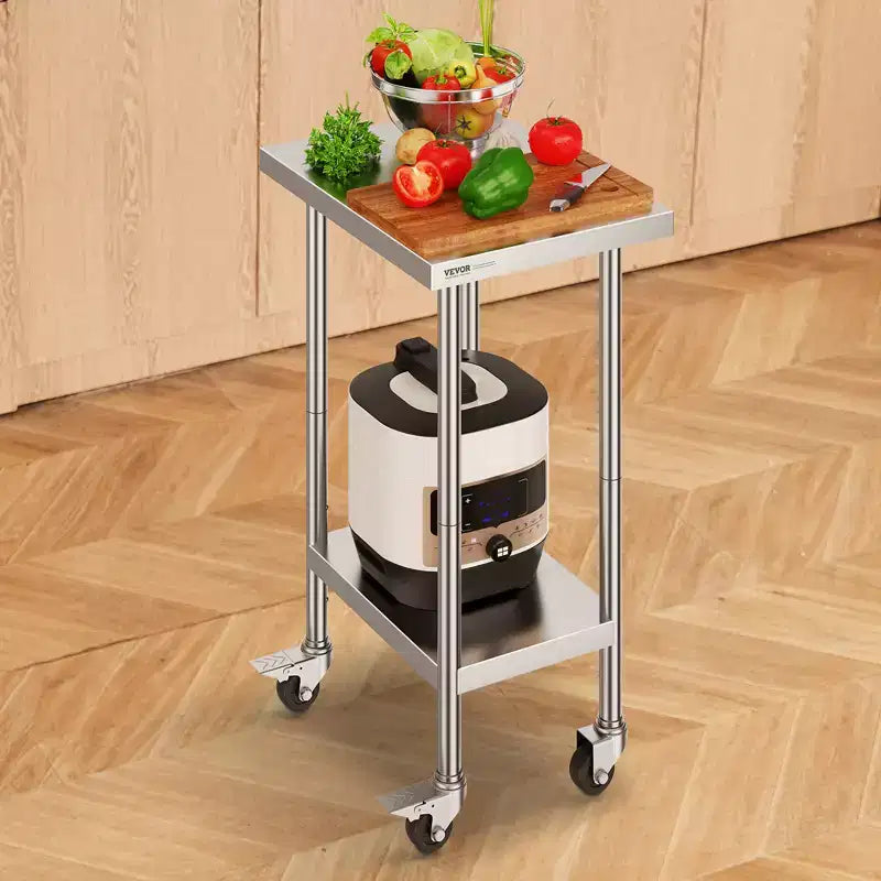 Table de Travail VEVOR en Acier Inoxydable 61 x 46 x 96,5 cm, avec 4 Roues, 3 Niveaux de Hauteur Réglables, Table de Préparation Alimentaire Robuste, Argenté