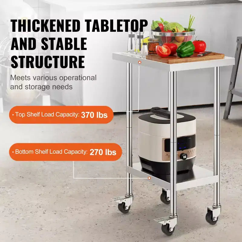 Table de Travail VEVOR en Acier Inoxydable 61 x 46 x 96,5 cm, avec 4 Roues, 3 Niveaux de Hauteur Réglables, Table de Préparation Alimentaire Robuste, Argenté