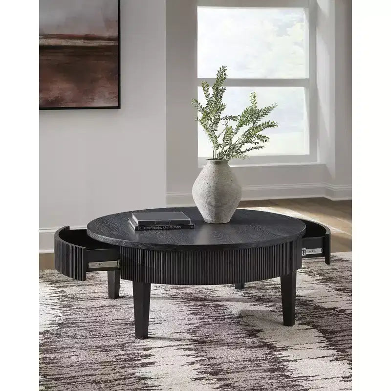 Table basse ronde Marstream avec tiroirs de rangement Signature Design by Ashley, style moderne champêtre, noire