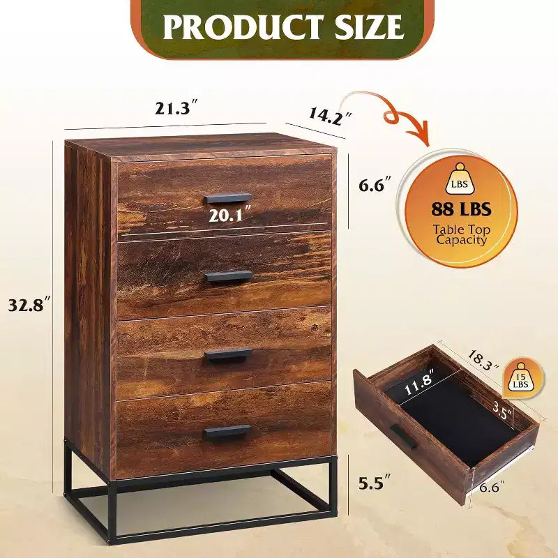 Commode de chambre à 4 tiroirs, table de chevet, commode, commode haute avec cadre métallique robuste pour couloir, salon, placard