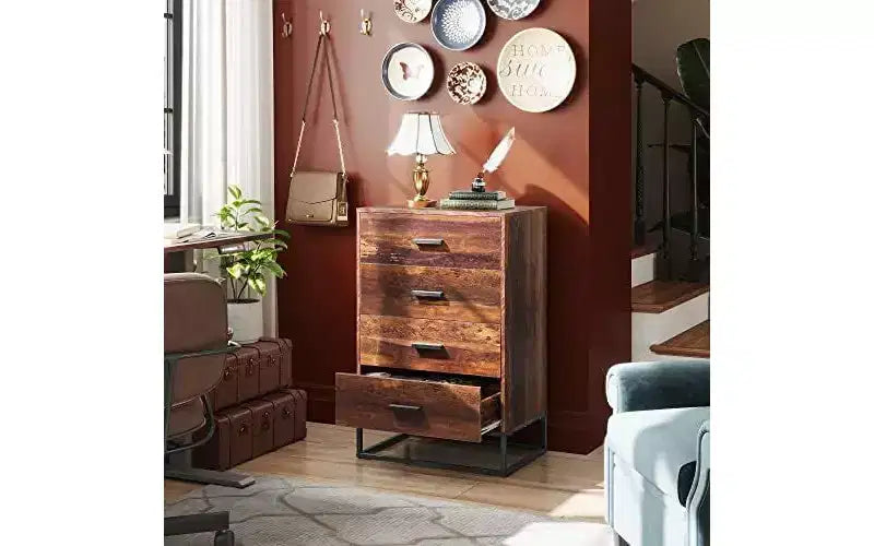 Commode de chambre à 4 tiroirs, table de chevet, commode, commode haute avec cadre métallique robuste pour couloir, salon, placard