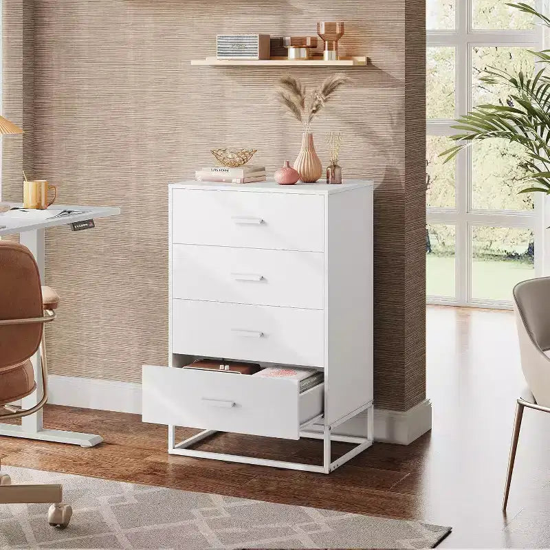 Commode de chambre à 4 tiroirs, table de chevet, commode, commode haute avec cadre métallique robuste pour couloir, salon, placard