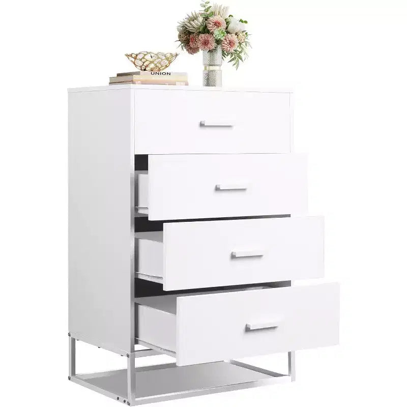 Commode de chambre à 4 tiroirs, table de chevet, commode, commode haute avec cadre métallique robuste pour couloir, salon, placard