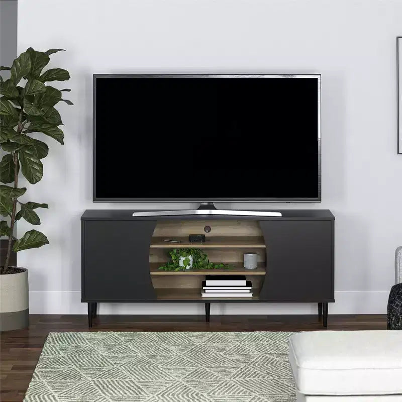 Meuble TV Delmar pour téléviseurs jusqu'à 65 pouces, noir et naturel