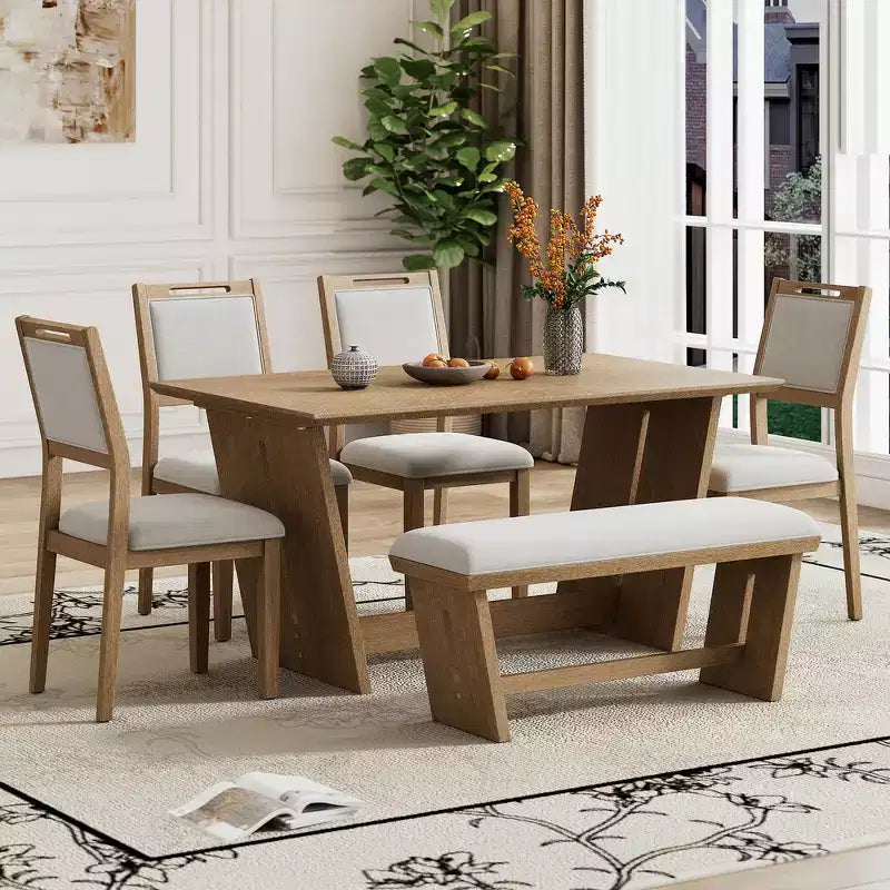 Ensemble de salle à manger rétro 6 pièces – Gris clair / Bois clair, 6 places