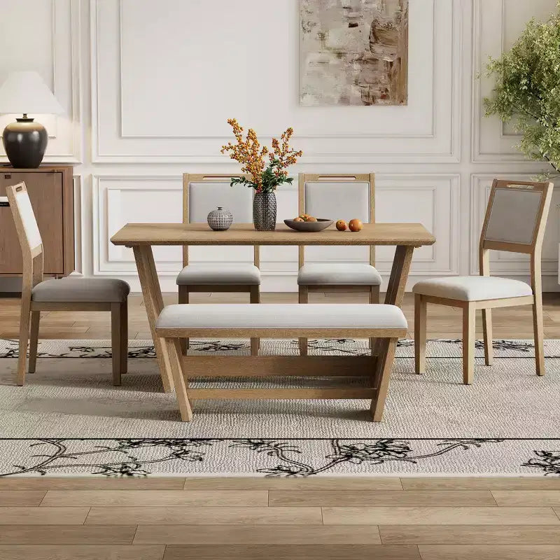 Ensemble de salle à manger rétro 6 pièces – Gris clair / Bois clair, 6 places
