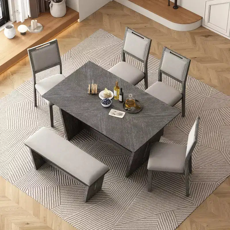 Ensemble de salle à manger rétro 6 pièces – Gris clair / Bois clair, 6 places