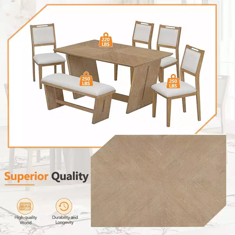 Ensemble de salle à manger rétro 6 pièces – Gris clair / Bois clair, 6 places