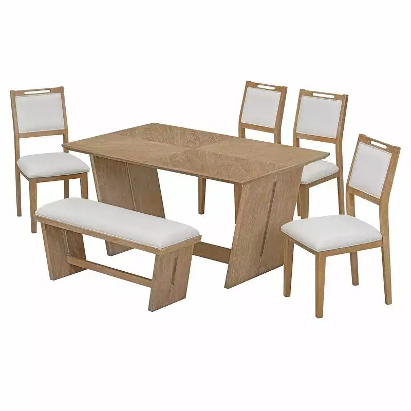 Ensemble de salle à manger rétro 6 pièces – Gris clair / Bois clair, 6 places