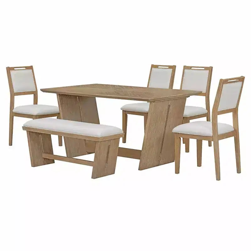 Ensemble de salle à manger rétro 6 pièces – Gris clair / Bois clair, 6 places