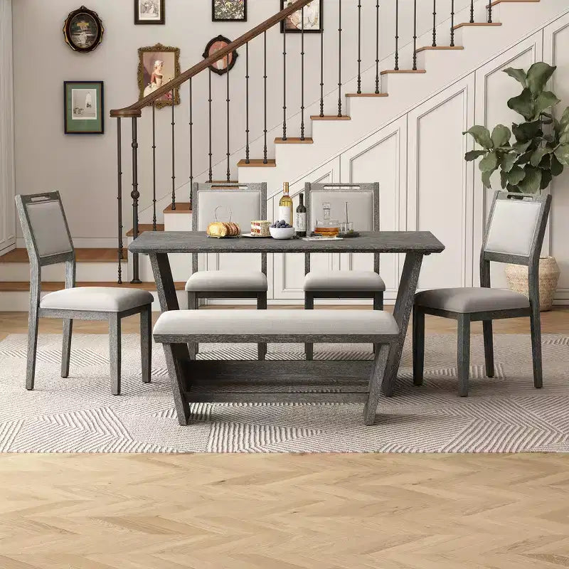 Ensemble de salle à manger rétro 6 pièces – Gris clair / Bois clair, 6 places
