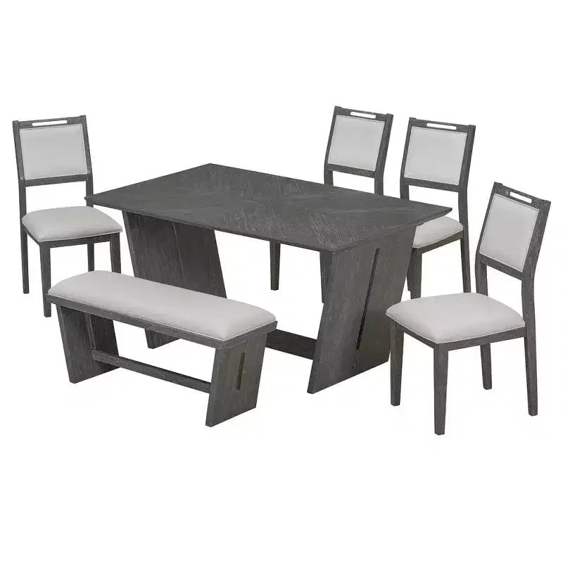 Ensemble de salle à manger rétro 6 pièces – Gris clair / Bois clair, 6 places