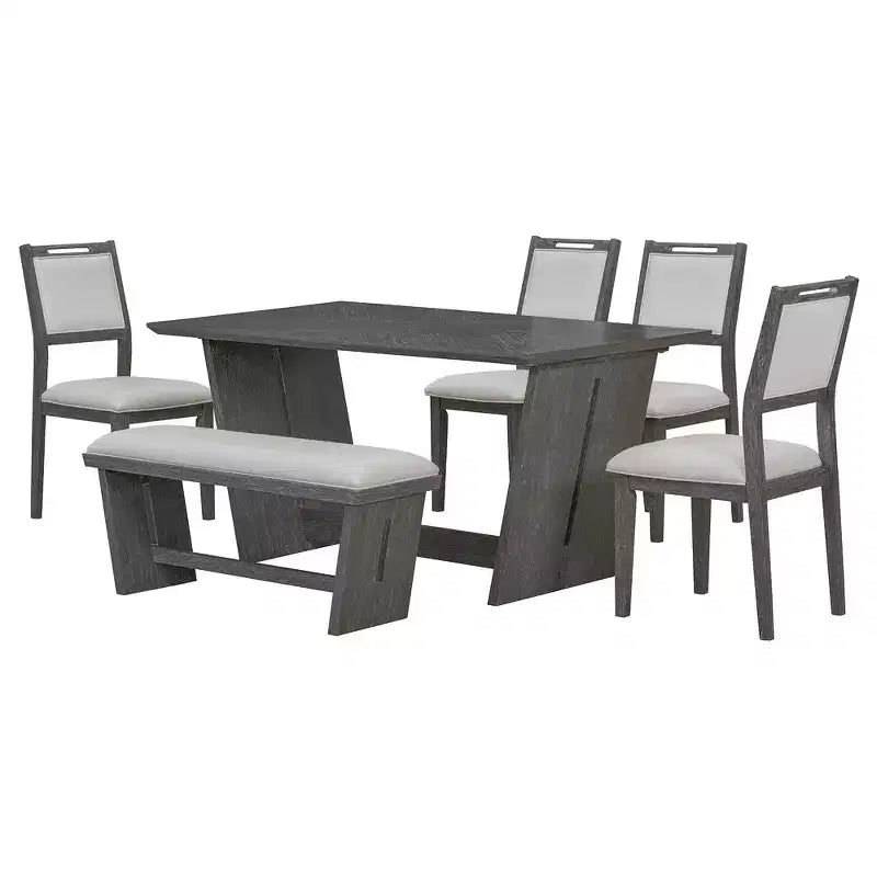 Ensemble de salle à manger rétro 6 pièces – Gris clair / Bois clair, 6 places