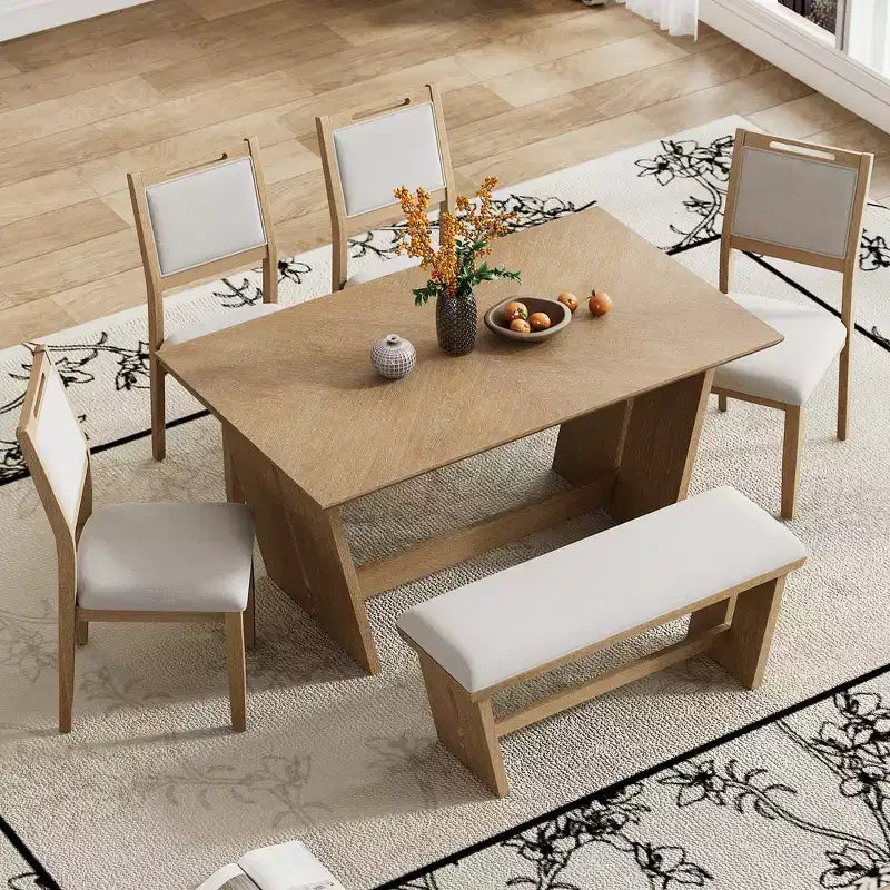 Ensemble de salle à manger rétro 6 pièces – Gris clair / Bois clair, 6 places