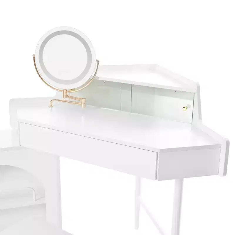 Coiffeuse d'angle avec tabouret Coiffeuse compacte avec miroir éclairé à 360°, tiroir et meuble de rangement, Noyer/Blanc-ModernLuxe