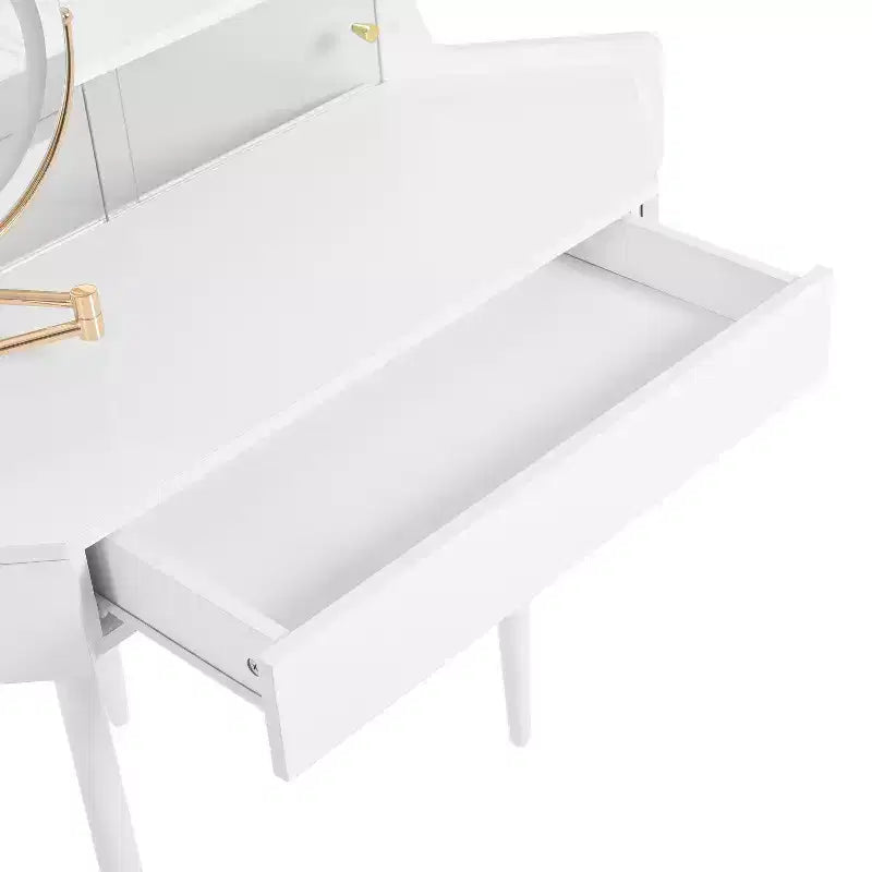Coiffeuse d'angle avec tabouret Coiffeuse compacte avec miroir éclairé à 360°, tiroir et meuble de rangement, Noyer/Blanc-ModernLuxe