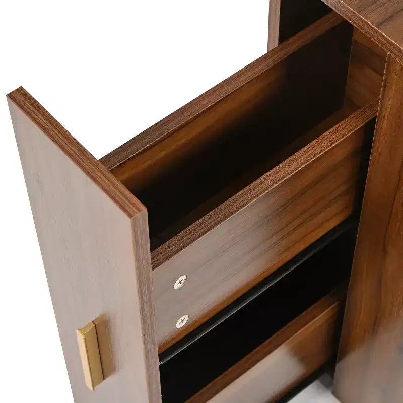 Coiffeuse d'angle avec tabouret Coiffeuse compacte avec miroir éclairé à 360°, tiroir et meuble de rangement, Noyer/Blanc-ModernLuxe