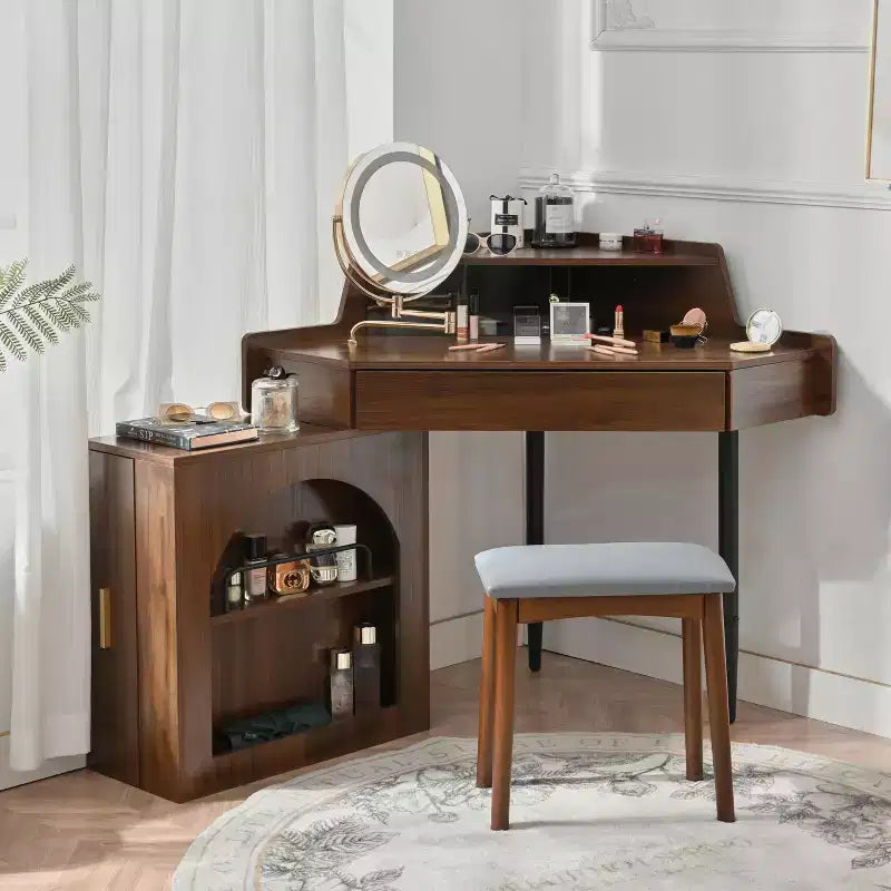 Corner Makeup Vanity Set with Stool Compact Vanity Desk Dressing Table with 360 Lighted Mirror, Drawer and Storage Cabinet, Walnut/White-ModernLuxe