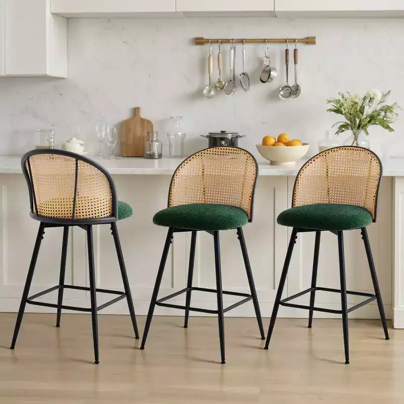 Bekrvio 29 Chaises de bar pivotantes de style Mid-Century Modern, lot de 2/3/4, tabourets de bar rembourrés en tissu bouclette avec dossier en rotin et pieds en métal pour comptoir de cuisine