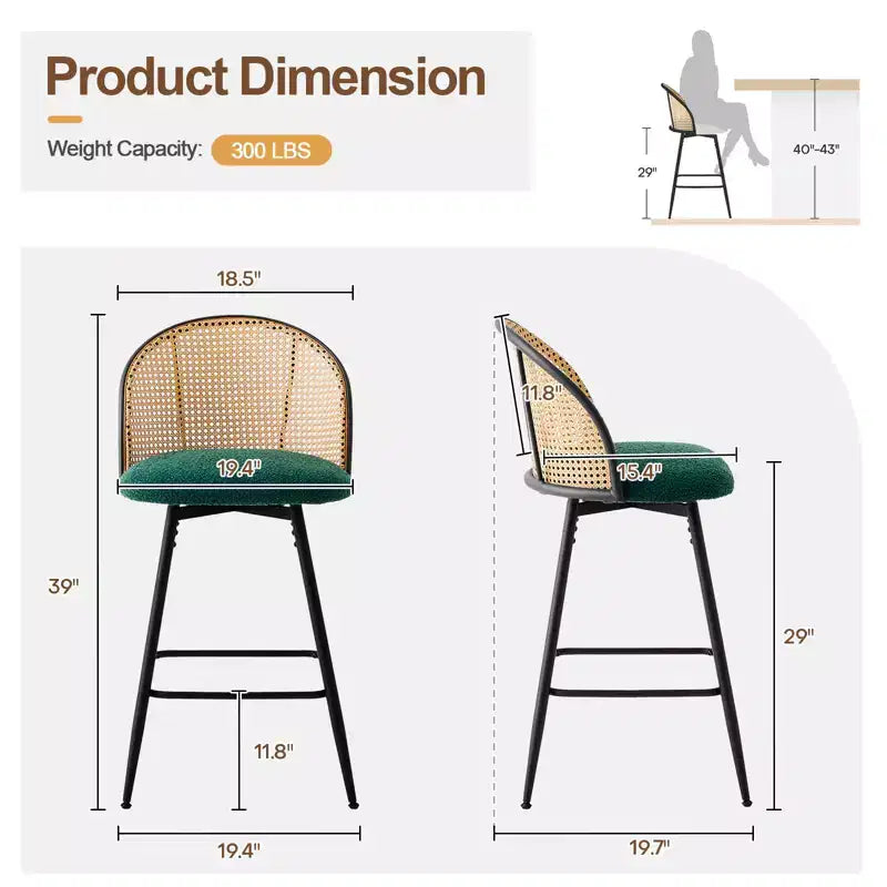 Bekrvio 29 Chaises de bar pivotantes de style Mid-Century Modern, lot de 2/3/4, tabourets de bar rembourrés en tissu bouclette avec dossier en rotin et pieds en métal pour comptoir de cuisine