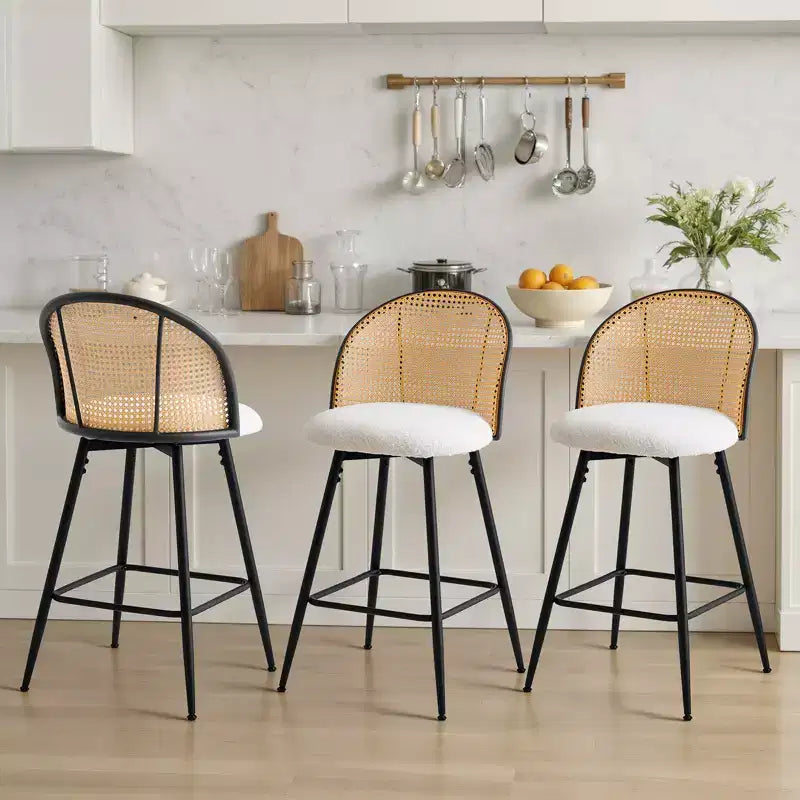 Bekrvio 29 Chaises de bar pivotantes de style Mid-Century Modern, lot de 2/3/4, tabourets de bar rembourrés en tissu bouclette avec dossier en rotin et pieds en métal pour comptoir de cuisine