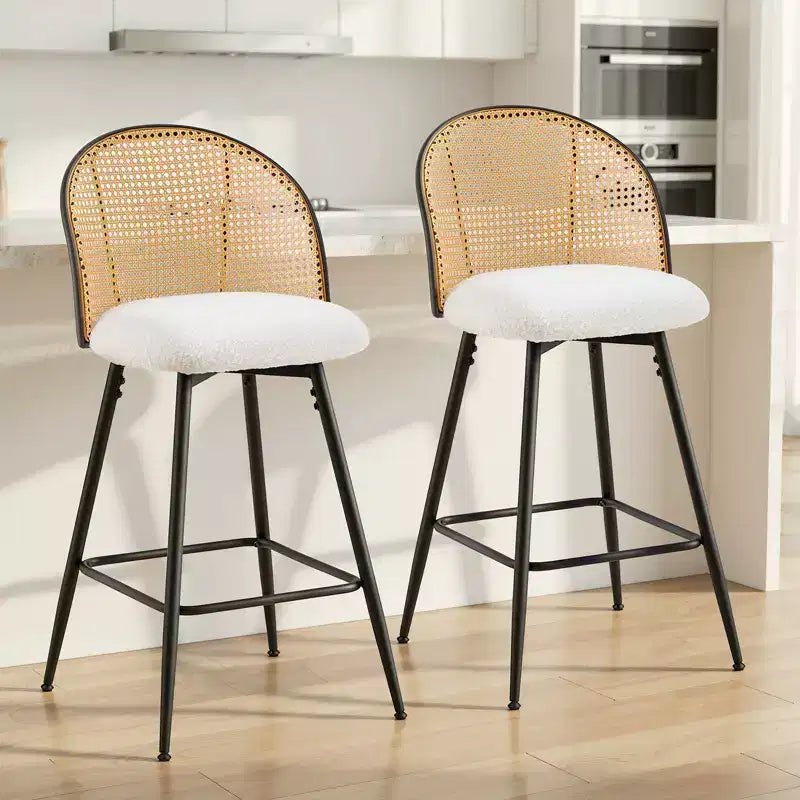 Bekrvio 29 Chaises de bar pivotantes de style Mid-Century Modern, lot de 2/3/4, tabourets de bar rembourrés en tissu bouclette avec dossier en rotin et pieds en métal pour comptoir de cuisine