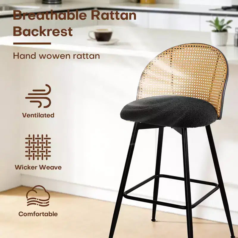 Bekrvio 29 Chaises de bar pivotantes de style Mid-Century Modern, lot de 2/3/4, tabourets de bar rembourrés en tissu bouclette avec dossier en rotin et pieds en métal pour comptoir de cuisine