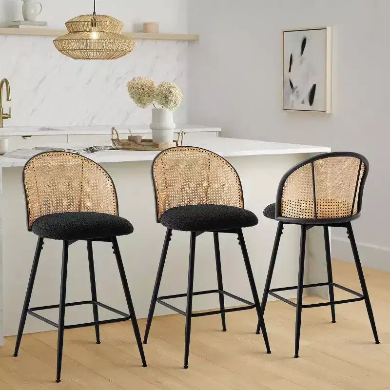 Bekrvio 29 Chaises de bar pivotantes de style Mid-Century Modern, lot de 2/3/4, tabourets de bar rembourrés en tissu bouclette avec dossier en rotin et pieds en métal pour comptoir de cuisine