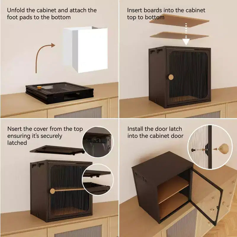 Meuble de rangement pliable en acier et bois avec design antidérapant - Installation rapide, rangement facile à monter soi-même avec porte