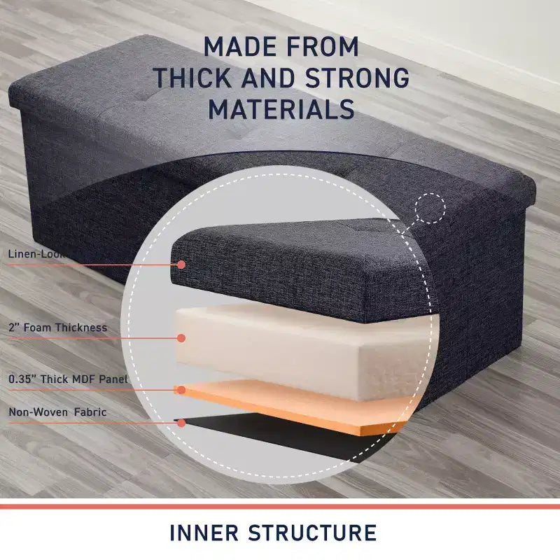 Ornavo Home Banc pouf de rangement pliable capitonné en lin de 109 cm de long