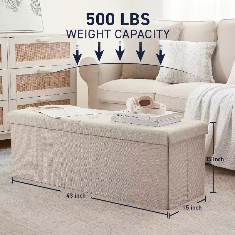Ornavo Home Banc pouf de rangement pliable capitonné en lin de 109 cm de long