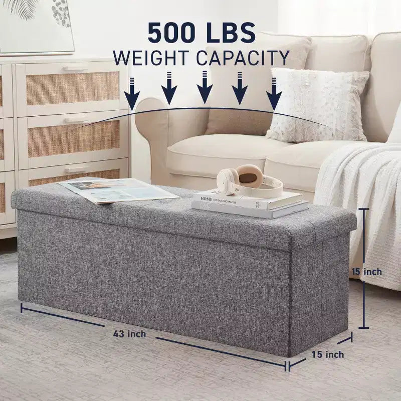Ornavo Home Banc pouf de rangement pliable capitonné en lin de 109 cm de long