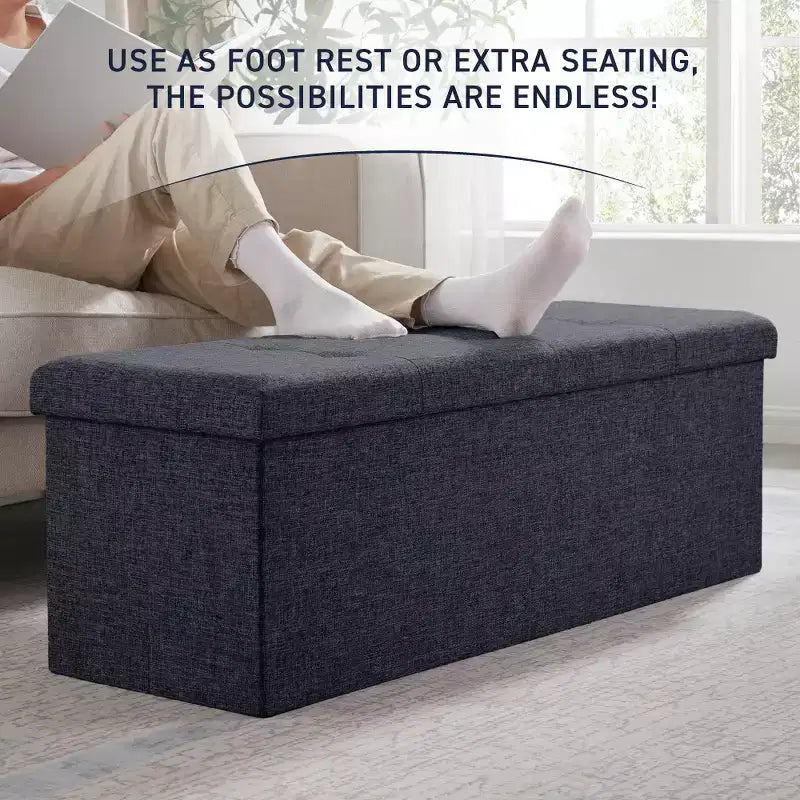 Ornavo Home Banc pouf de rangement pliable capitonné en lin de 109 cm de long