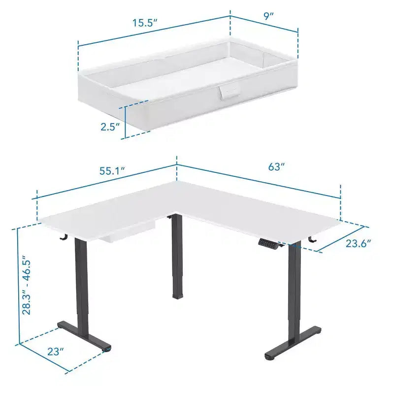 Bureau d'angle debout en L - Grand bureau d'angle électrique réglable en hauteur, piétement noir, plateau blanc