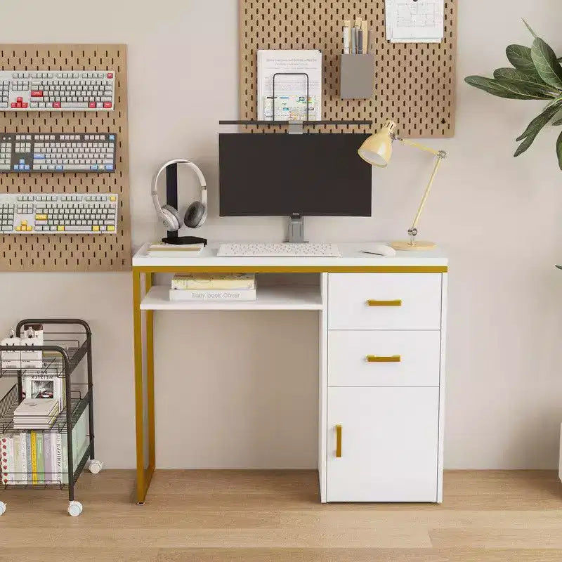 Karl Home | Bureau informatique blanc 2 tiroirs avec rangement et tablette clavier