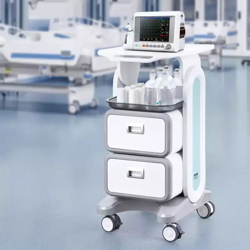Chariot de laboratoire 3 niveaux VEVOR, chariot utilitaire de laboratoire avec 2 tiroirs et 1 plateau supérieur, chariot médical mobile en matériau ABS, chariot de laboratoire roulant