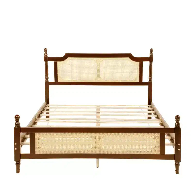 Lit plateforme Queen/King avec tête et pied de lit en rotin, bois de pin avec pied central renforcé, expresso/noyer - ModernLuxe