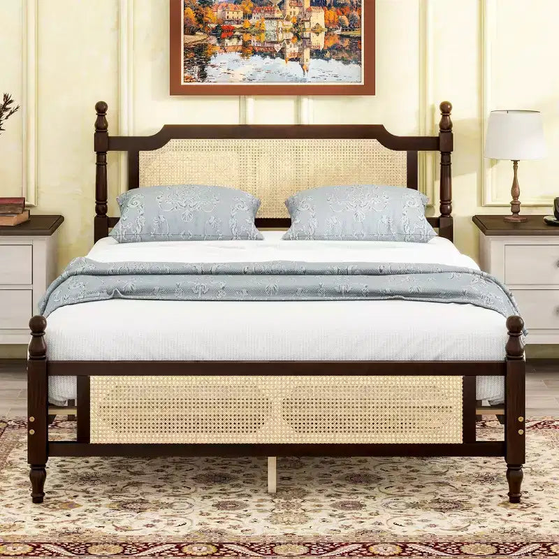 Queen/King Platform Bed with Rattan Headboard and Footboard, Pine Wood with Central Enhanced Leg, Espresso/Walnut - ModernLuxe