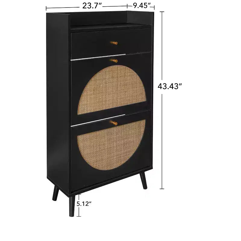 Meuble à chaussures moderne avec détails en rotin, cadre en MDF, pieds en bois de pin et 1 tiroir + 2 tiroirs basculants, unité de rangement multi-étagères - ModernLuxe