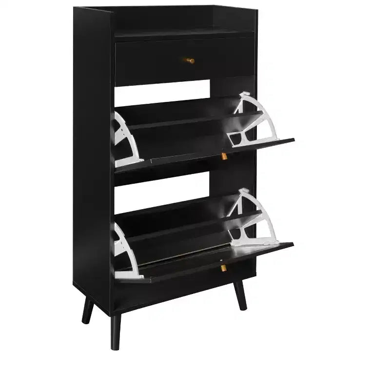 Meuble à chaussures moderne avec détails en rotin, cadre en MDF, pieds en bois de pin et 1 tiroir + 2 tiroirs basculants, unité de rangement multi-étagères - ModernLuxe