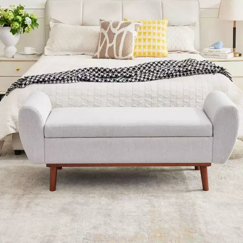 Banc de rangement rembourré en lin Hyleory avec pieds en bois massif pour chambre à coucher, salon ou entrée