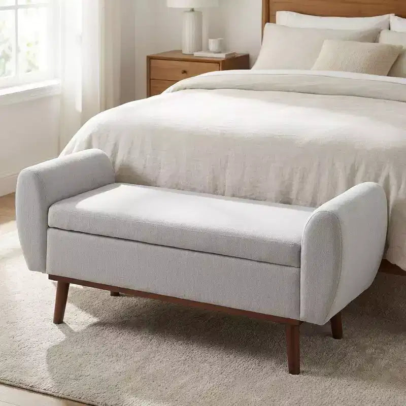 Banc de rangement rembourré en lin Hyleory avec pieds en bois massif pour chambre à coucher, salon ou entrée